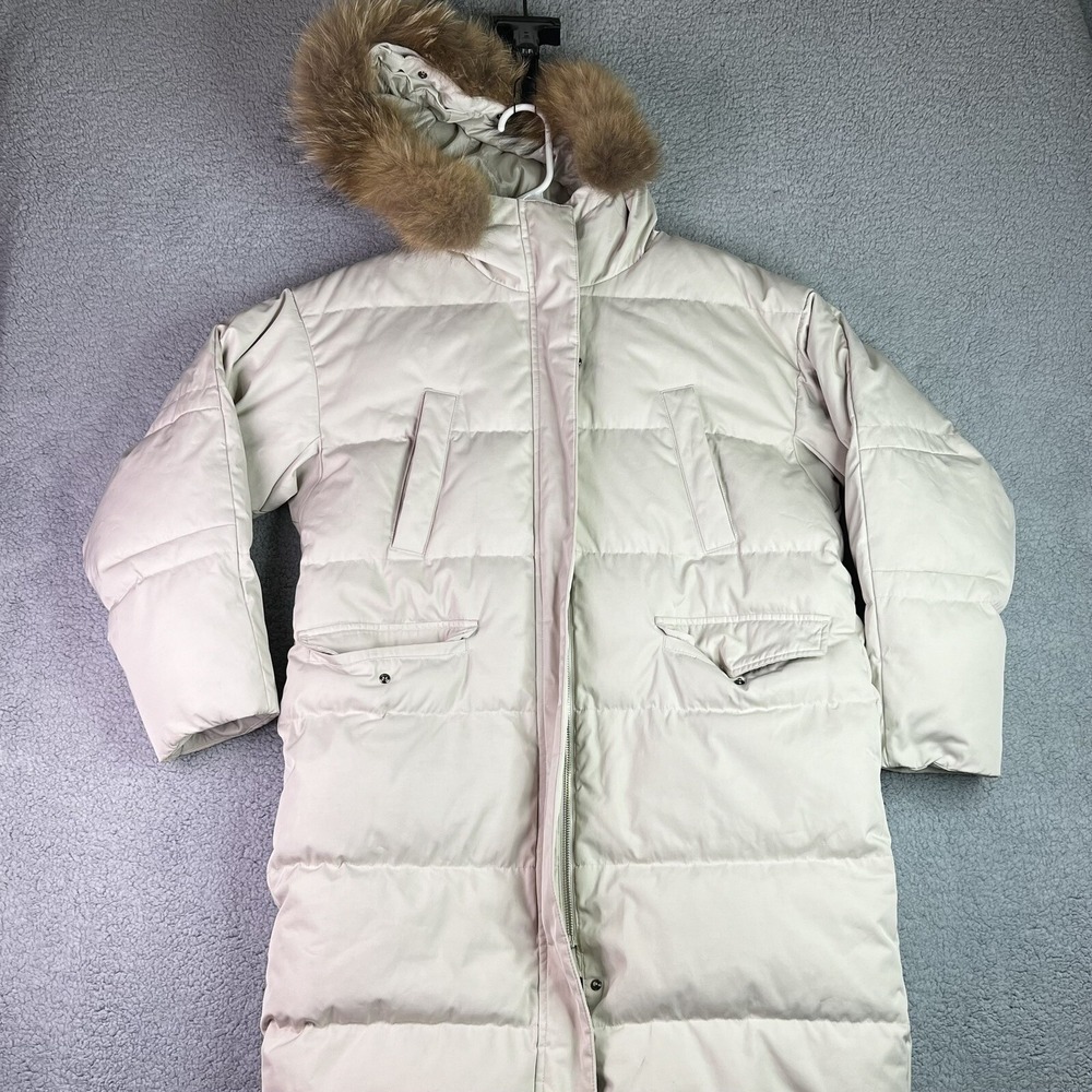 Giordano Women's Mid-Long Size Small Down Fill  Jacket  Hood Down Tan Beige